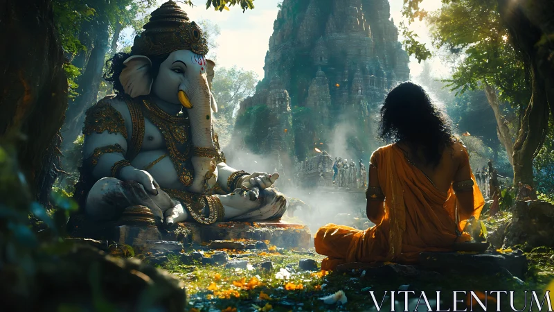 Human figure meditates before large elephant deity statue