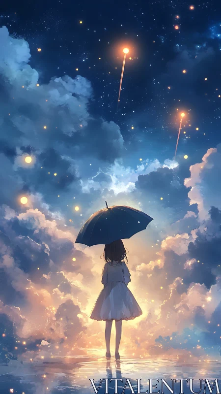 Backlit girl under umbrella amid luminous meteor skyscape.