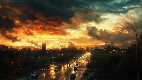 Cinematic digital painting of urban highway at sunset glow.