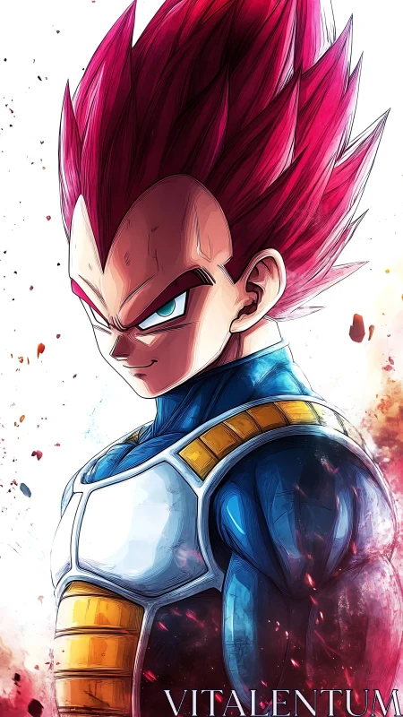 Anime warrior portrait with crimson hair and battle armor.