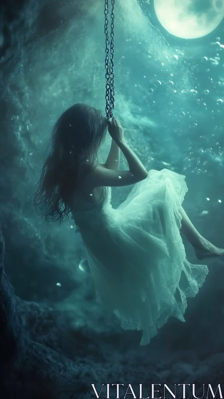 Submerged moonlit girl on chain swing rendered in ethereal hues