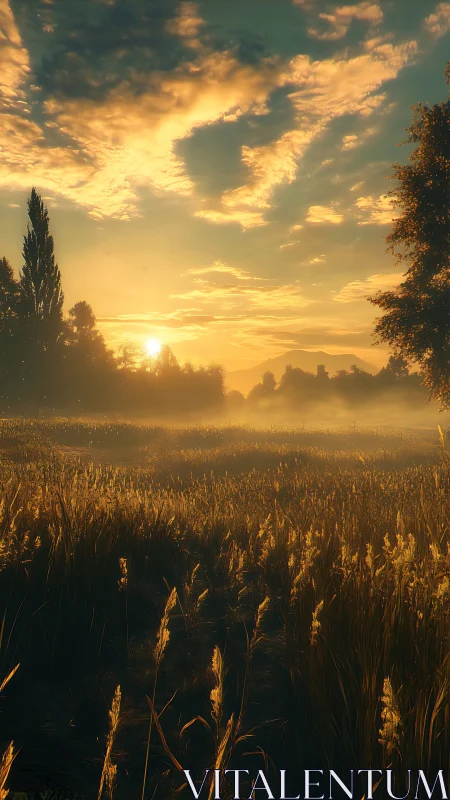 Golden sunrise pours over misty field and distant hills