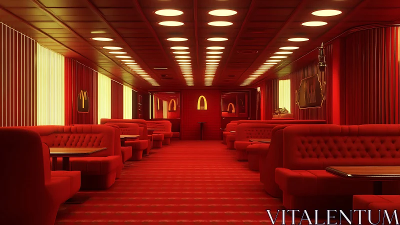 Retro red fast-food lounge with cinematic booth lighting.