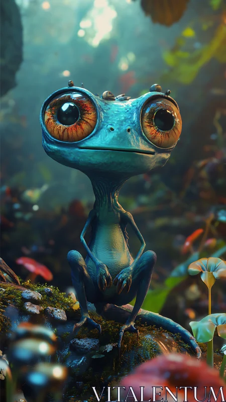 Bioluminescent blue alien tree frog in shallow depth-of-field forest