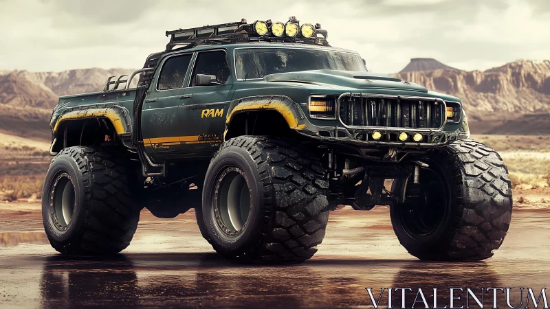 Lifted off-road pickup truck in arid desert landscape.
