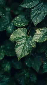 Macro study of rain-soaked green leaf with dark bokeh field