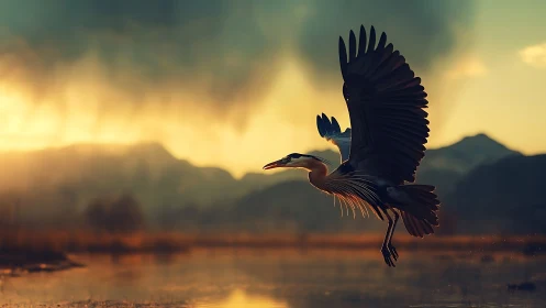Heron ascending over misty wetlands at cinematic sunrise.