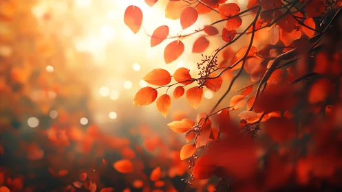 Backlit autumn foliage captures glowing bokeh in shallow focus