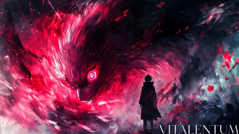 Silhouetted figure facing large red-eyed beast form.