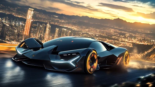 Futuristic hypercar drifts above neon city at sunset.