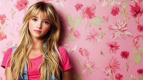 Chromatic portrait against floral-pattern pink backdrop wall.