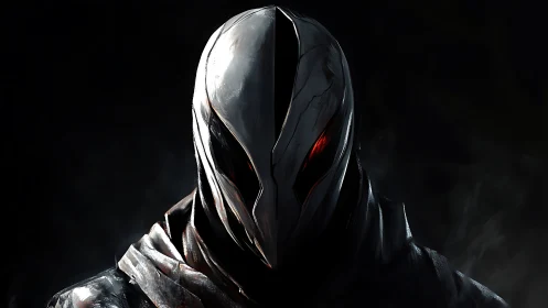 Armored masked figure is rendered with focused directional lighting