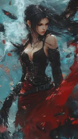 Dark warrior sorceress commands storm of crimson embers.