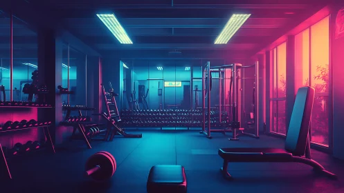 Neon twilight turns an empty weight room into sci fi stage