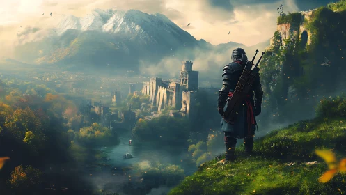 Armored ranger overlooking misty river citadel at sunrise.