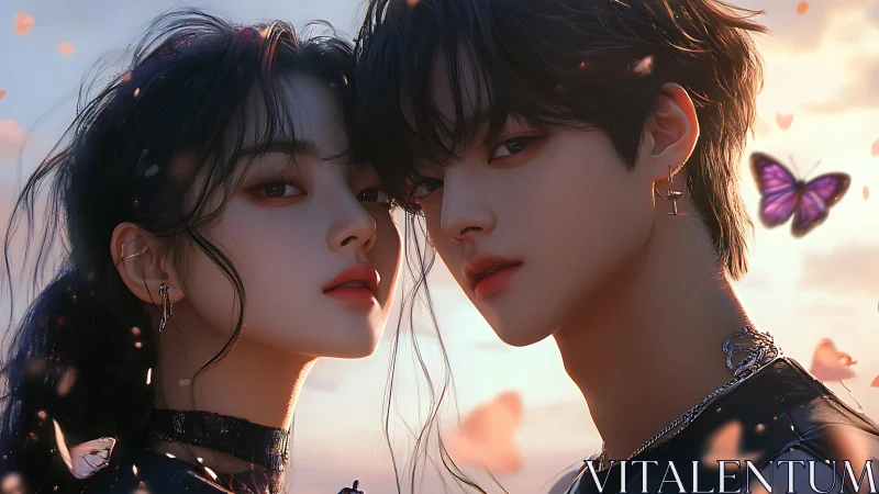 Digital Romance: Two Figures Against Golden Sunset.