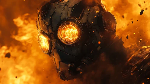 Armored android head burns within turbulent molten firestorm