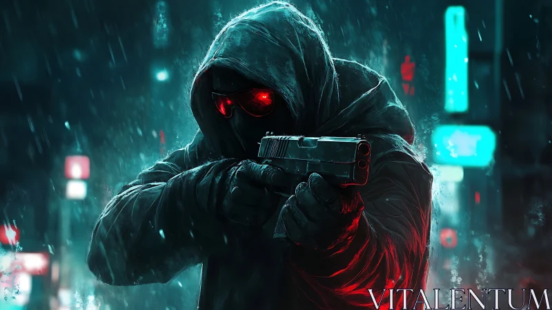 Hooded armed figure stands in rain with neon city backdrop