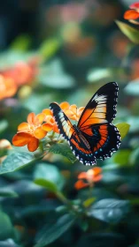 Vivid orange-black butterfly rests on flowers in shallow focus