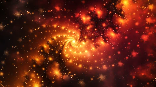 Spiral fractal field with orange and red luminous clusters.