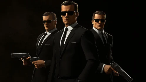 Three armed agents in black suits stand ready in shadows