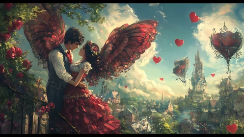 Two figures with giant red wings embrace above fantasy castle cityscape