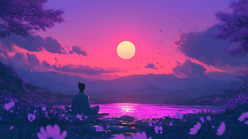 Quiet sunset reflection by a glowing pink lakeside horizon.