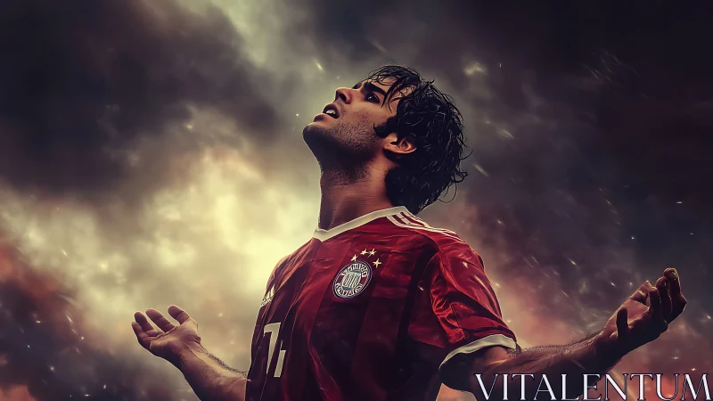 Storm-lit striker lifts his gaze like a triumphant comet