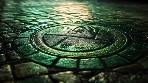 Glimmering wet manhole cover on a cobblestone street at night.