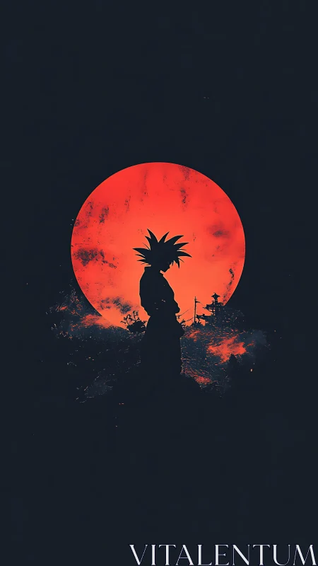 Lone warrior silhouette under a blazing red moonlit sky.