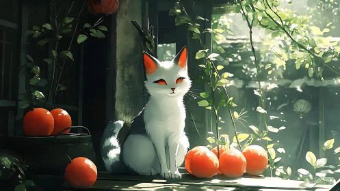 White cat with orange eyes positioned among orange spheres in green foliage environment