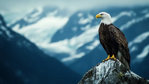 Majestic Bald Eagle on Rocky Peak in Misty Mountain Landscape.