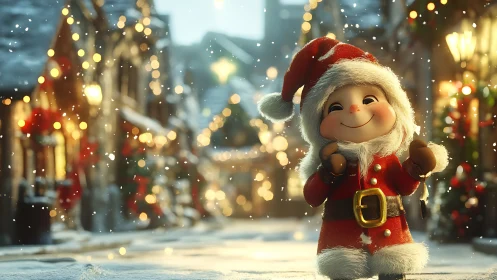 Toy Santa figure in snowy, bokeh‑lit Christmas street scene