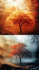 Golden and misty maple tree sharing two moods of dawn.