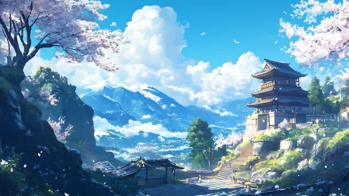 Digital painting of mountain temple amid spring cherry blossoms.