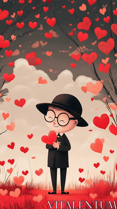 Gentleman Holding Red Heart Against Floating Love Symbols