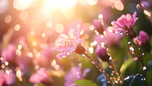 Dewdrops Dance: Pink Petals Glowing in Golden Bokeh.