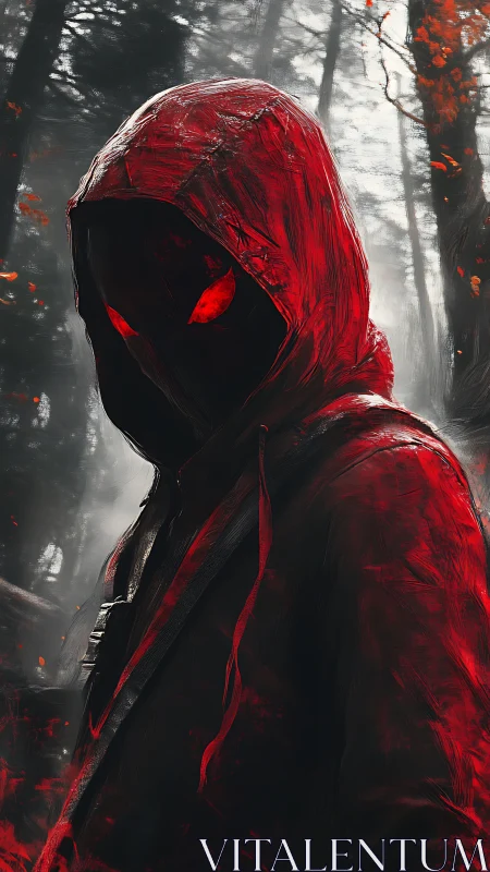 Hooded red figure with obscured face in misty forest setting.