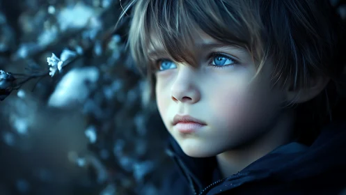 Photorealistic Digital Portrait of Child with Striking Cerulean Eyes and Frost Particles