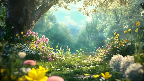 Sunlit wildflower meadow opens beneath blooming forest canopy