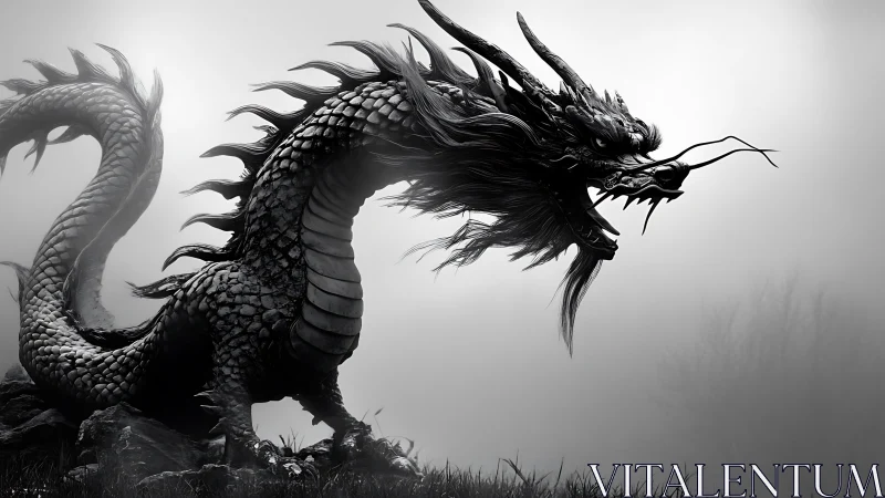 Stormlit serpentine dragon in monochrome mountain mistscape.