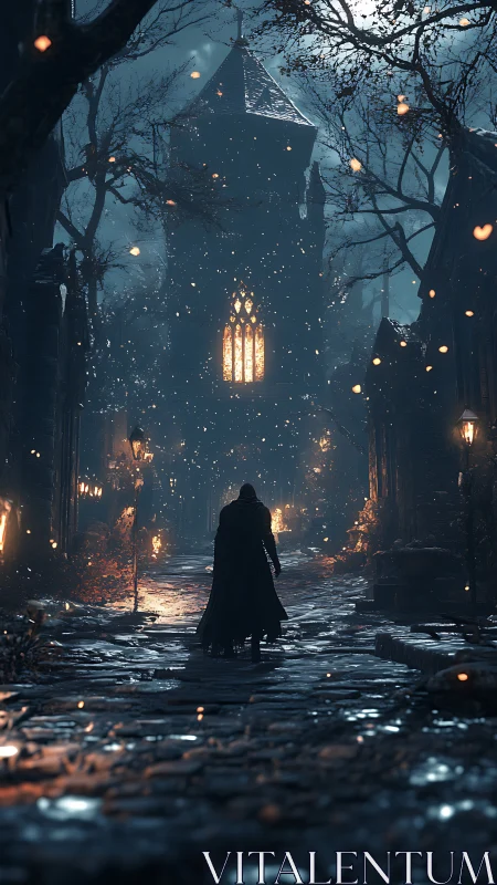 Solitary figure on wet cobblestone street before lit tower.