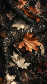 High contrast macro study of fallen oak leaves on textured forest floor