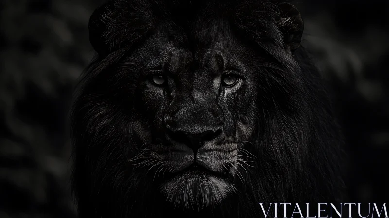 Dark-maned lion stares ahead in dramatic low-key portrait.