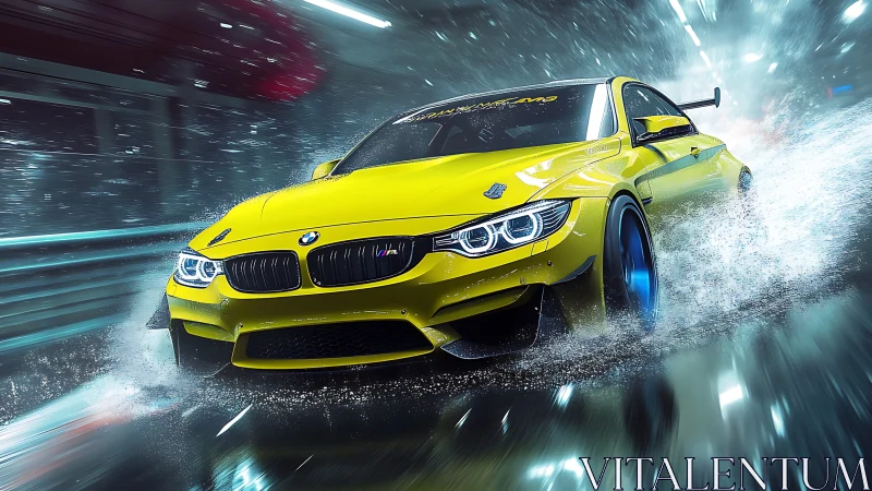 Yellow BMW sports car drifting through wet tunnel scene.