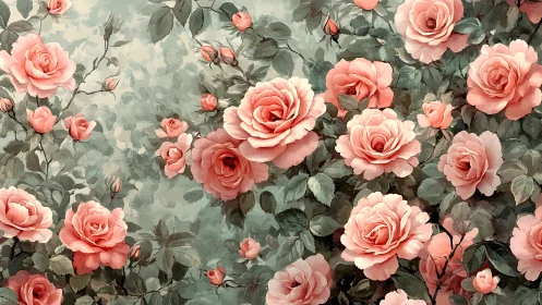 Blooming Garden of Pink Roses with Soft Sage Green
