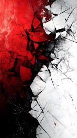 Shattered red and white glass explode across stark divide.