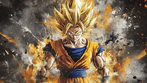 Muscular anime warrior stands in fiery explosive energy field