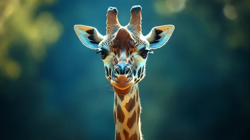 Golden hour giraffe gazes through dreamy teal bokeh glow.