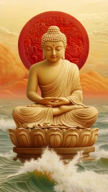 Serene Buddha statue over ocean waves in golden sunset.